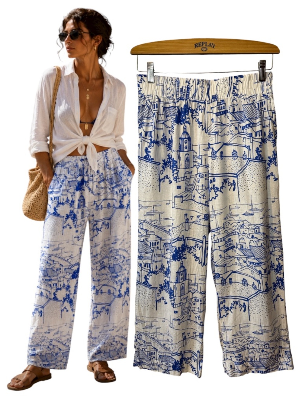 Nicole Miller Artelier Blue White Toile Scenic Print Wide Leg Linen Blend Pants